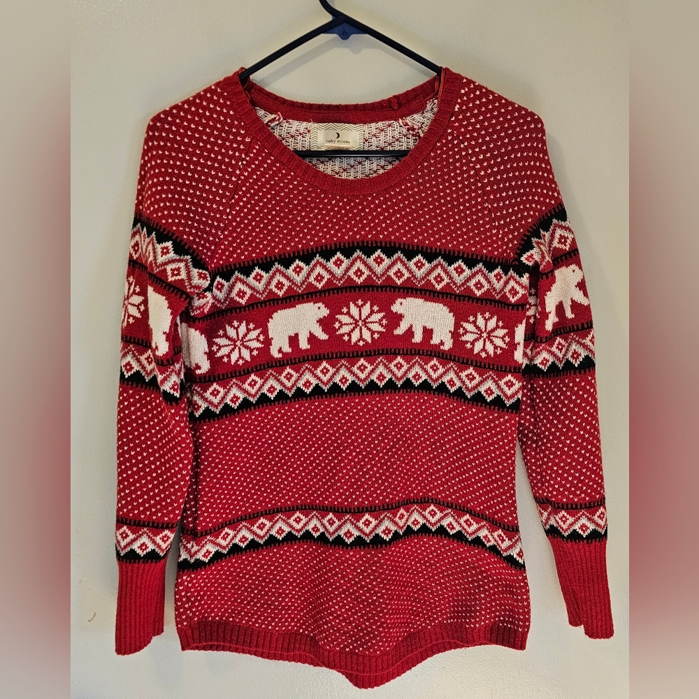 Ruby Moon Polar Bear Snowflake Fair Isle Sweater Winter Holiday Red Women's M